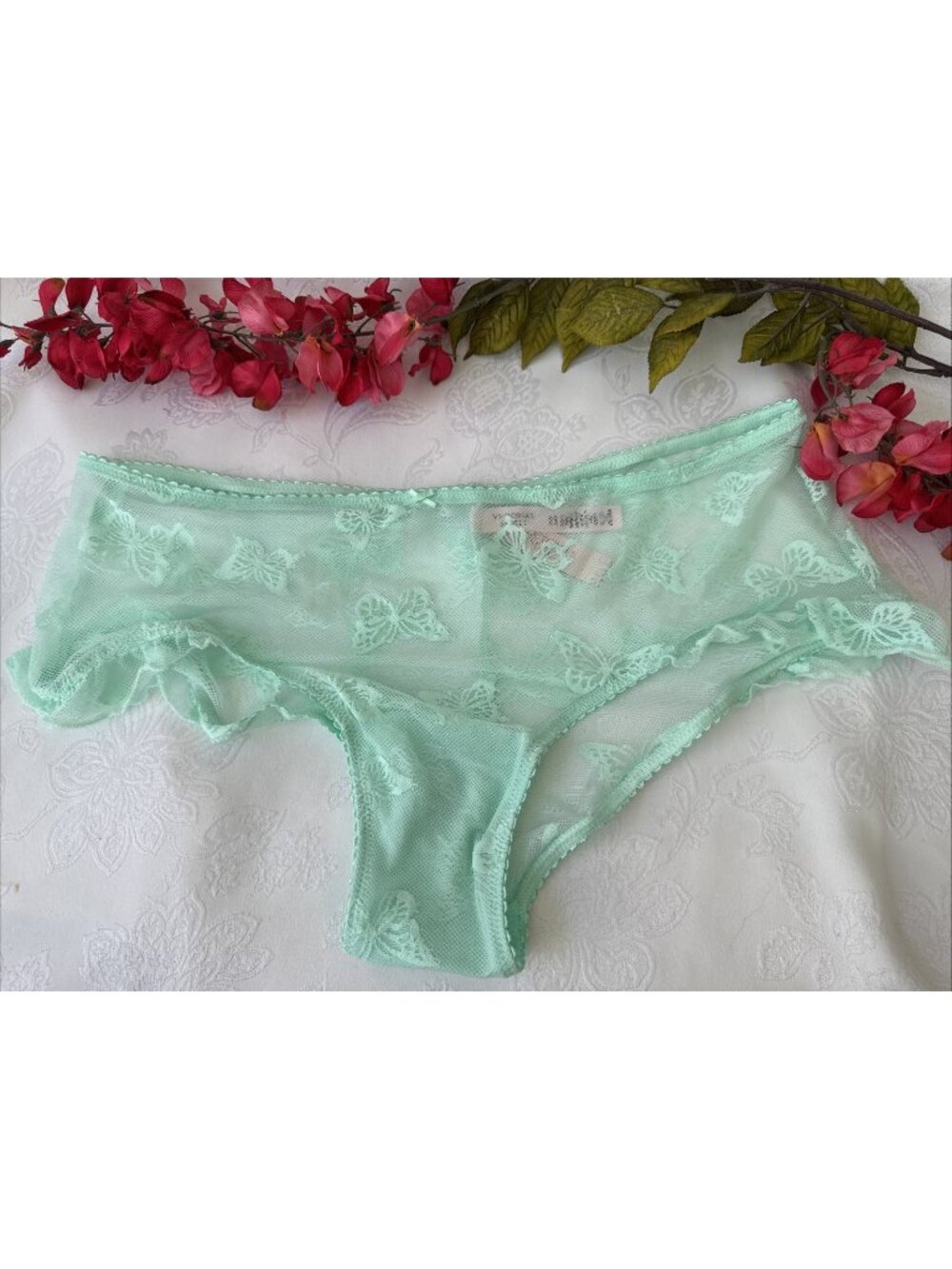 VICTORIA'S SECRET XL BUTTERFLY LACE TURQUOISE BLUE SUMMER CHEEKY PANTIES NWT